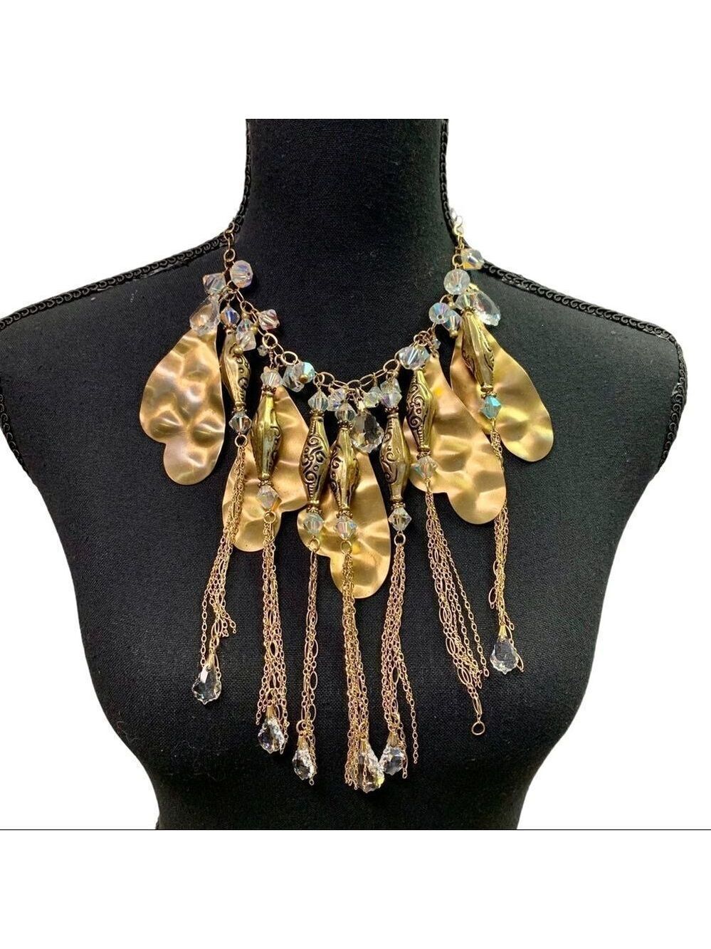 𝅺UNIQUE gold bronze brass chunky Swarovski crystal teardrop chain necklace